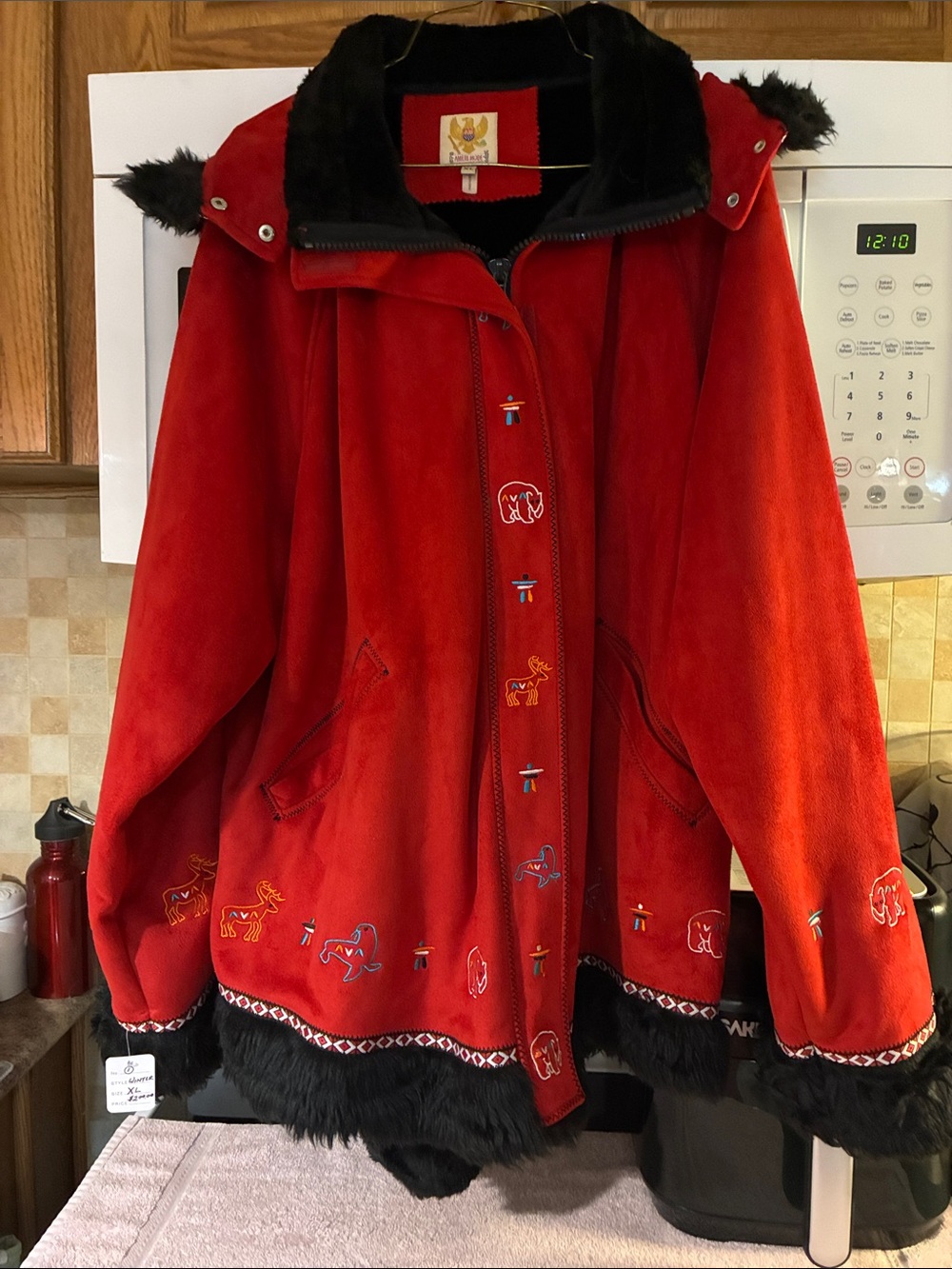 Red Embroidered Ski Jacket with Black Faux-Fur Trim